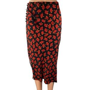 Urban Outfitters Black Multicolor Floral Roses Side Slip Midi Slip Skirt Size S